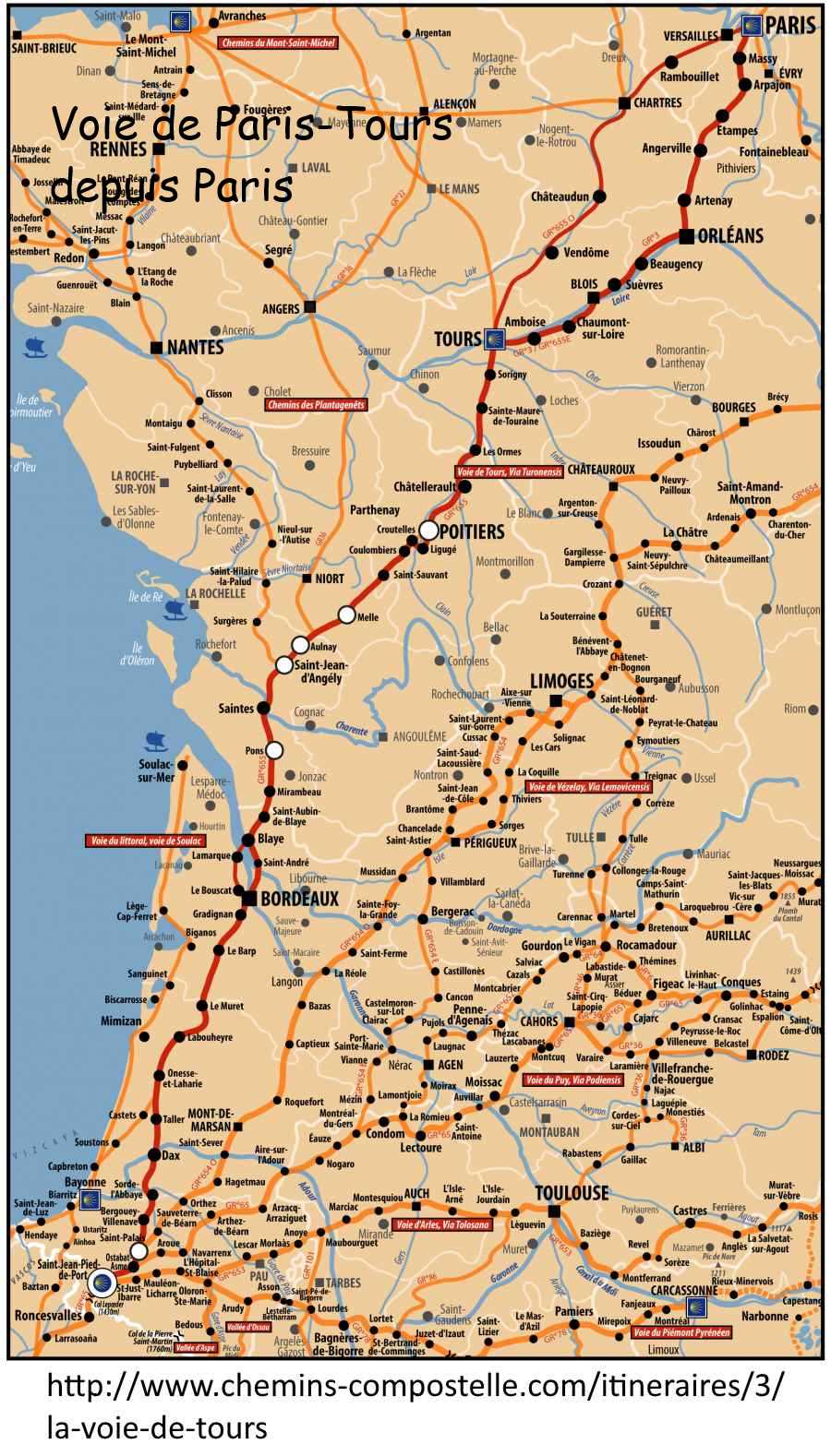 carte des routes de compostelle